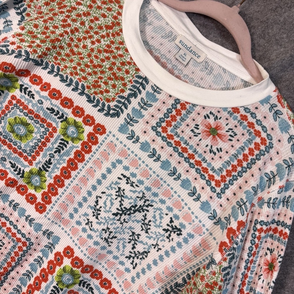 Sundance Thermal Waffle Knit Top Womens XL White Patchwork Button Cuff Boho